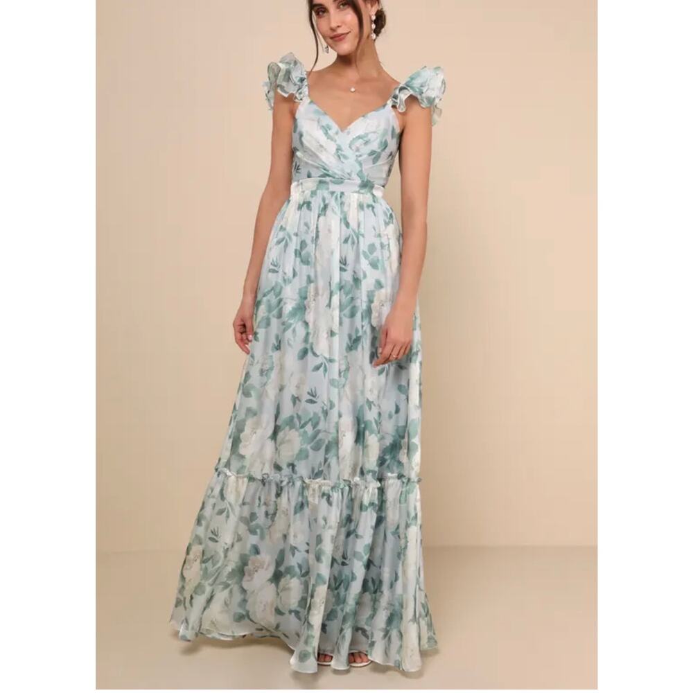 Lulu's Light Blue and Sage Floral Midi Dress